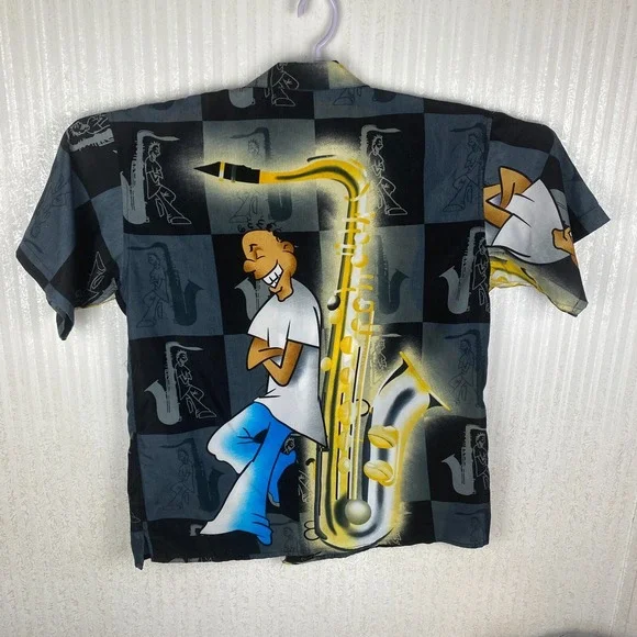 Claudio Nucci Mens Black Y2K Hip Hop Retro Music Hawaiian Button Up Shirt Size L - Picture 2 of 16